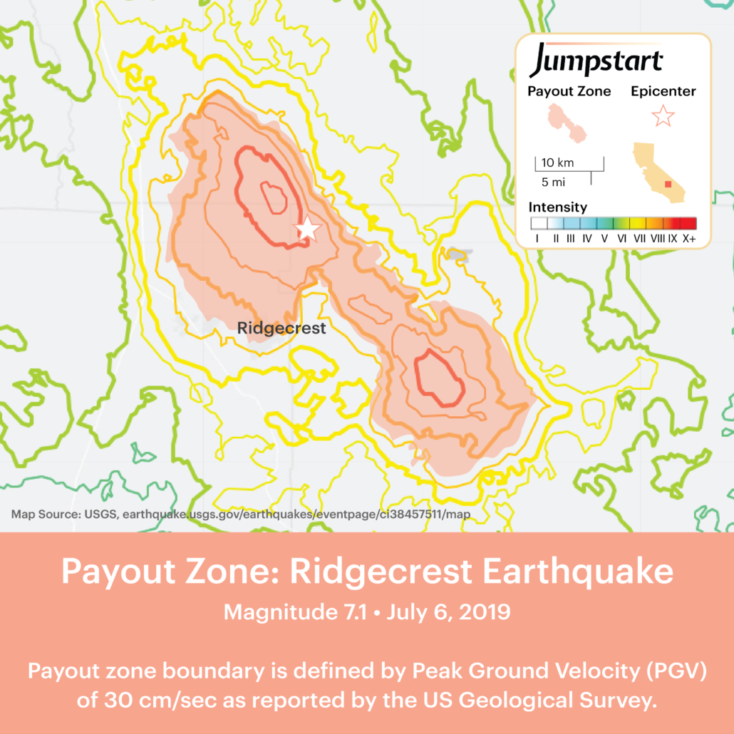 Zoom in of an example Jumpstart payout map showing the epicenter of an earthquake