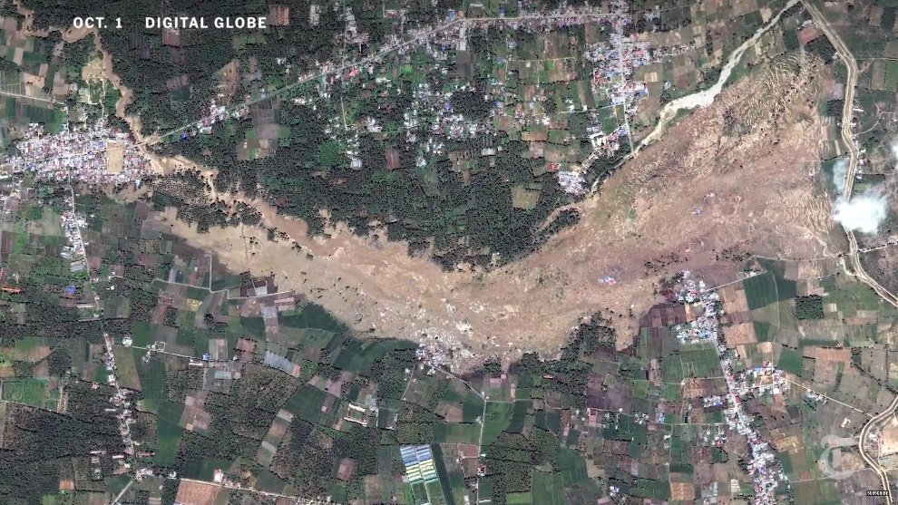 Satellite picture of Palu, Indonesia after 2018 earthquake caused liquefaction and landslides