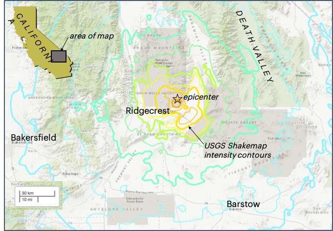 map of Ridgecrest with the epicenter of the earthquake