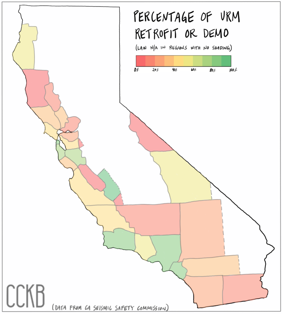 Map of percentages of unreinforced masonry retrofit or demo