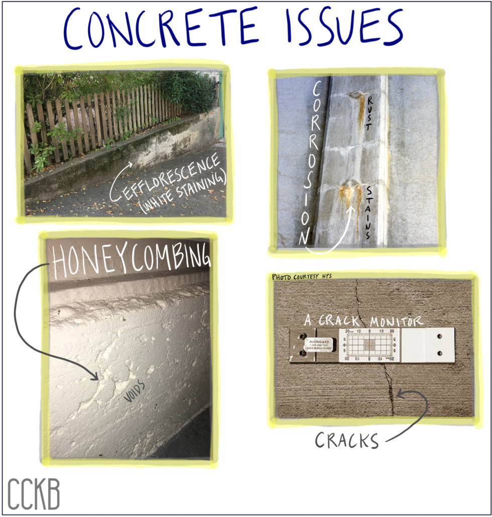 examples of efflorescence, corrosion, honeycombing and cracks in concrete foundation