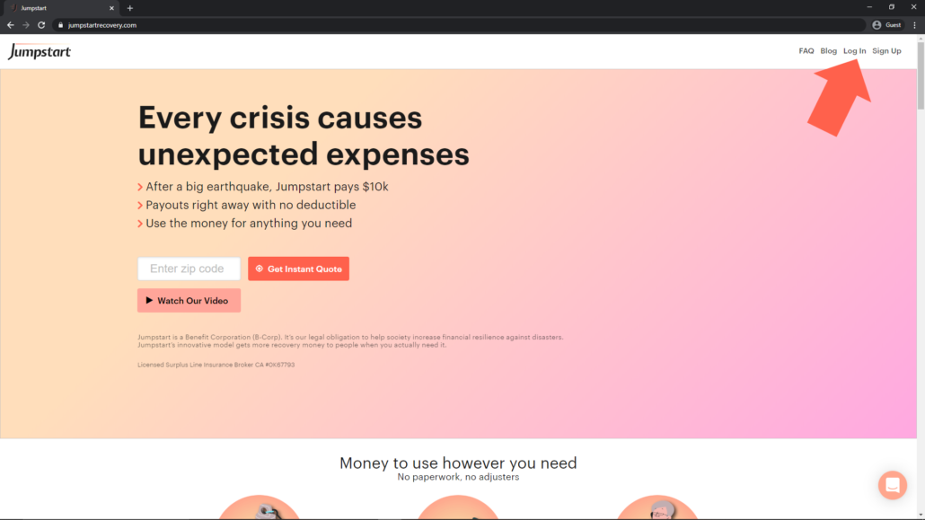 Screenshot of where to login on Jumpstart insurance site