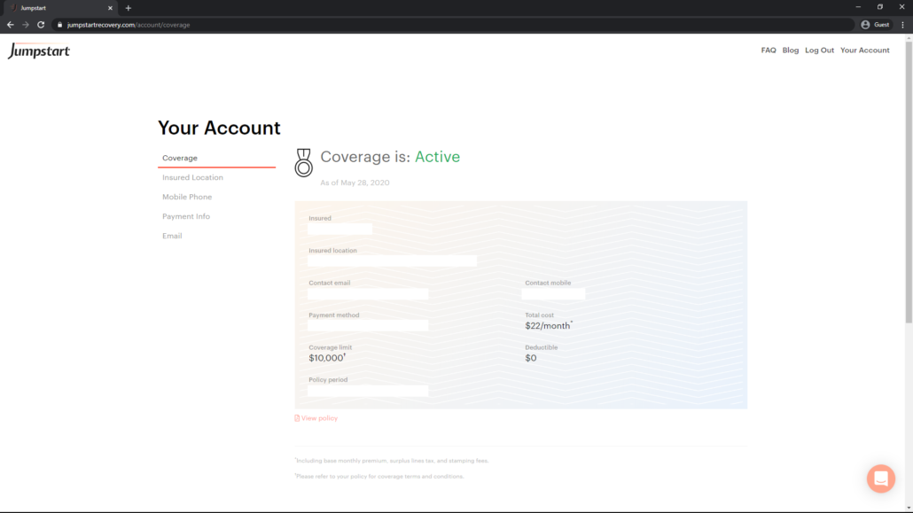 screenshot of current customer your account