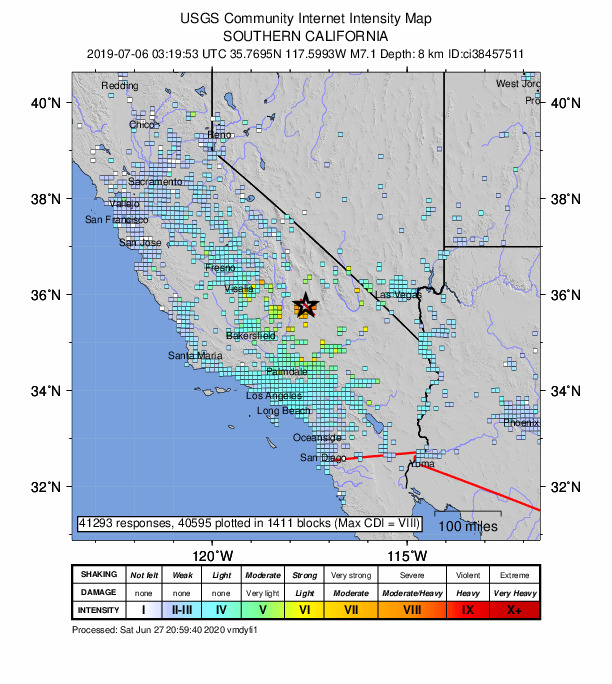 USGS map showing the intensity of the Ridgecrest earthquake
