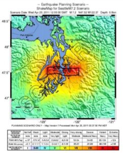 map of simulated shaking intensity in a 7.1 magnitude earthquake on the Seattle fault