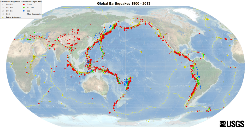Global Earthquakes M7.0+ (depth 0–69km) along the Ring of Fire between 1900-2013 from USGS.